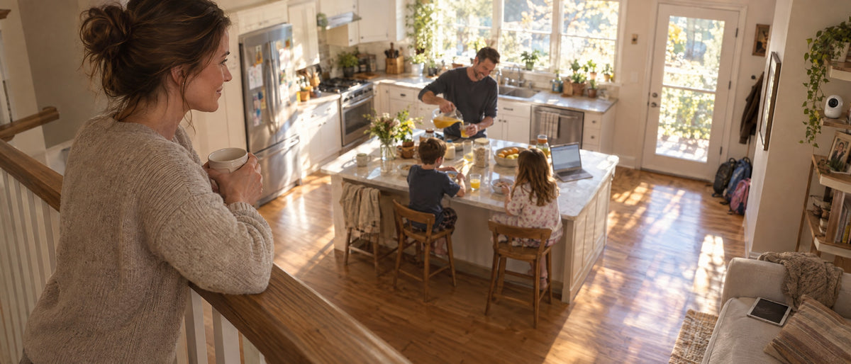 The same home in morning light, family at the kitchen island