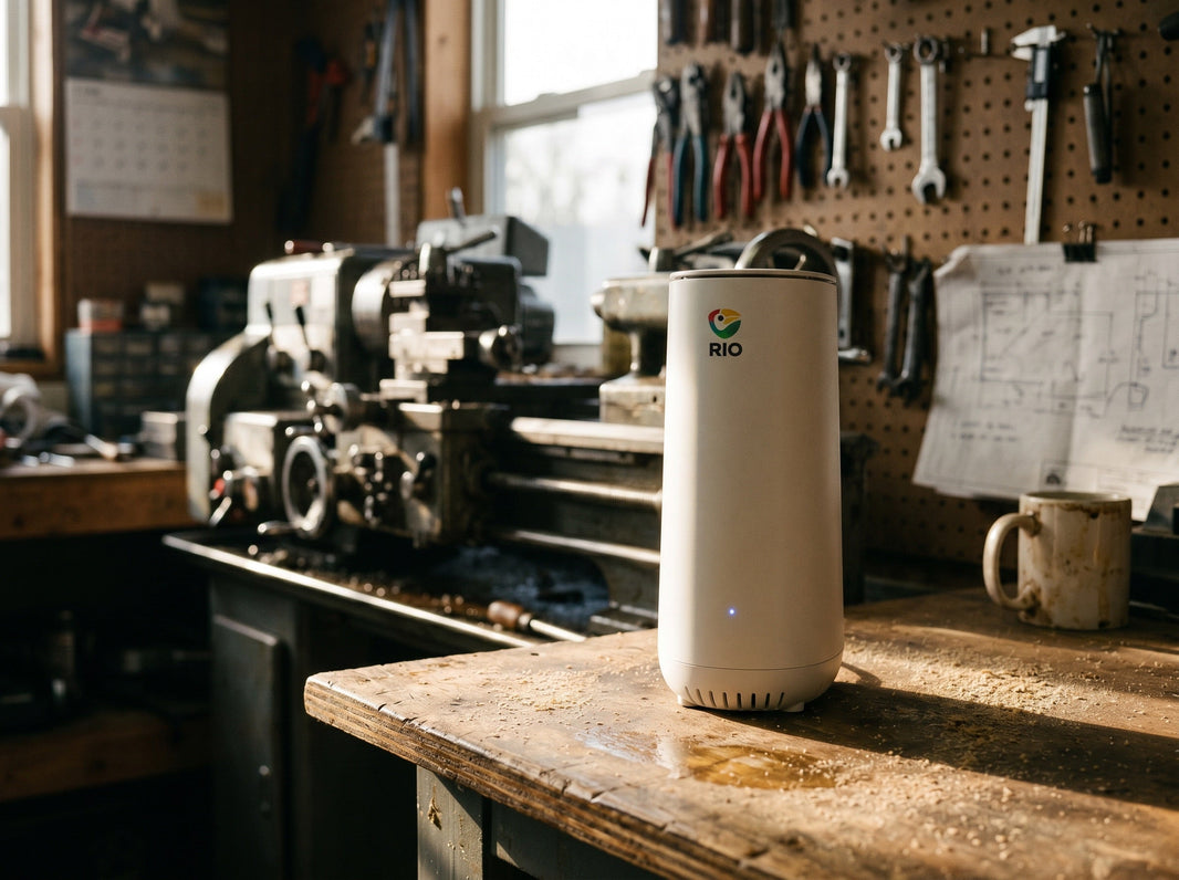 A Rio router on a workbench in a machine shop