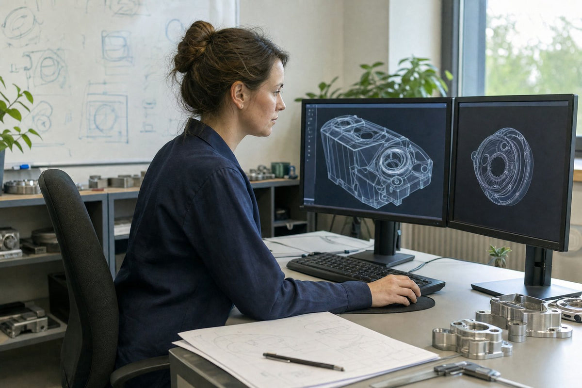 An engineer reviewing CAD drawings at her desk in a small manufacturing shop