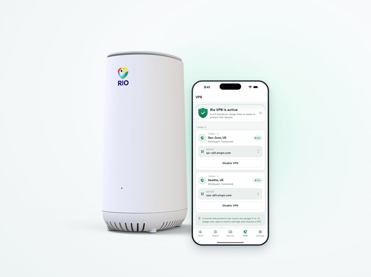 The Rio router beside a phone showing Rio VPN active