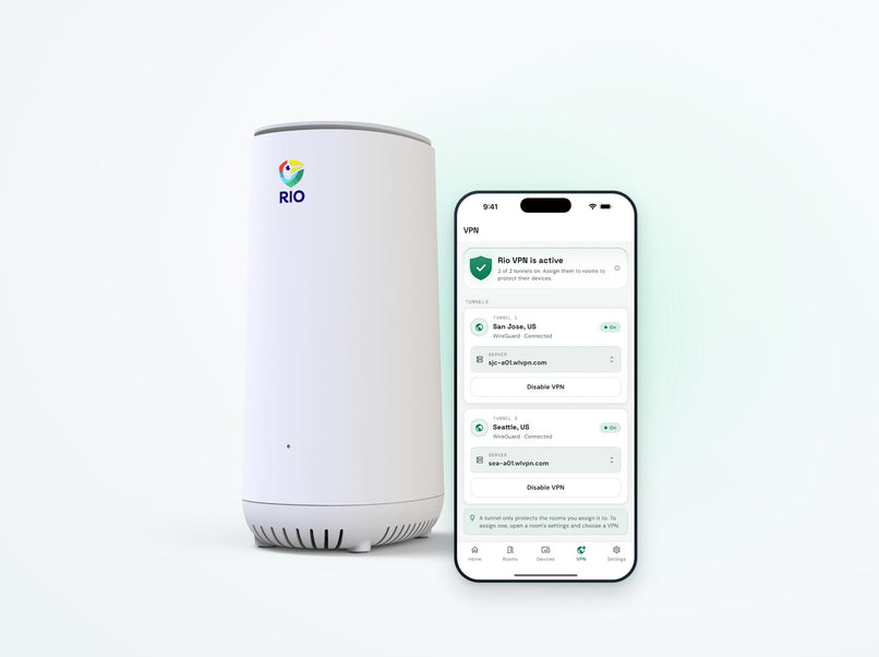 The Rio router beside a phone showing Rio VPN active