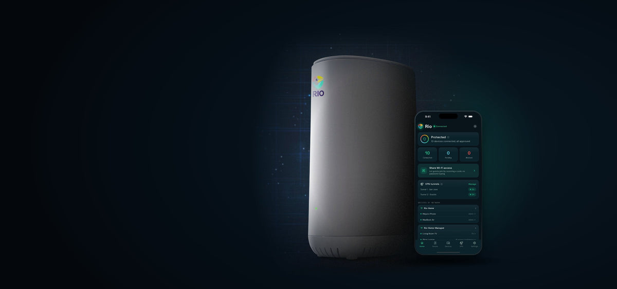 The Rio router beside a phone showing the Rio app