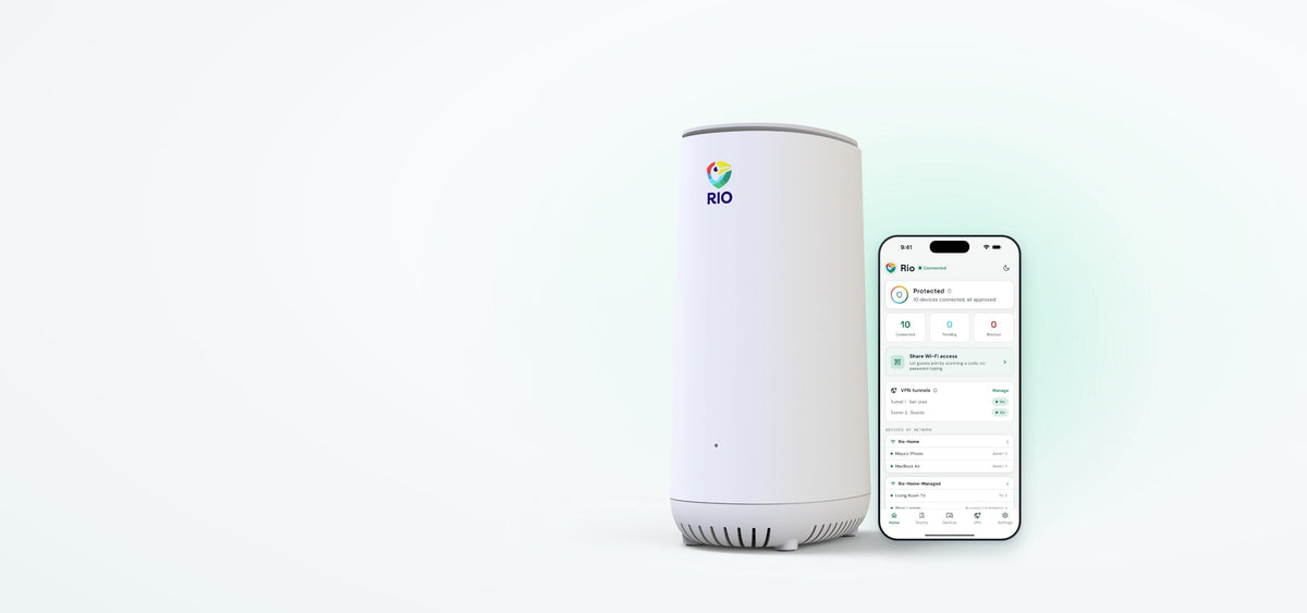 The Rio router beside a phone showing the Rio app