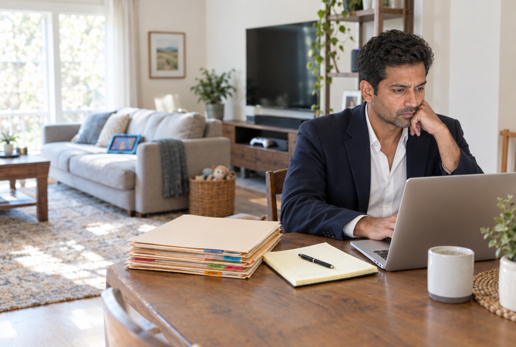 A lawyer reviewing client files on his laptop at a dining table, with the family TV, tablet and toys in the living room behind him.