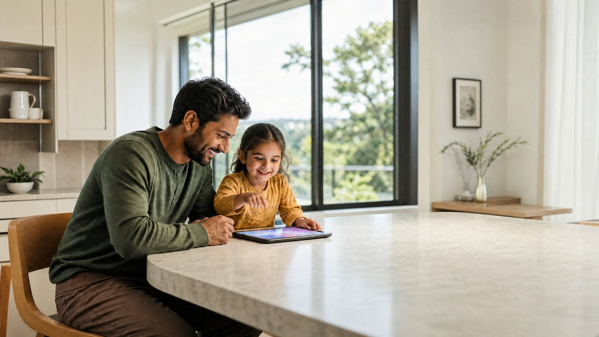 Parent and child sharing a tablet at a kitchen counter
