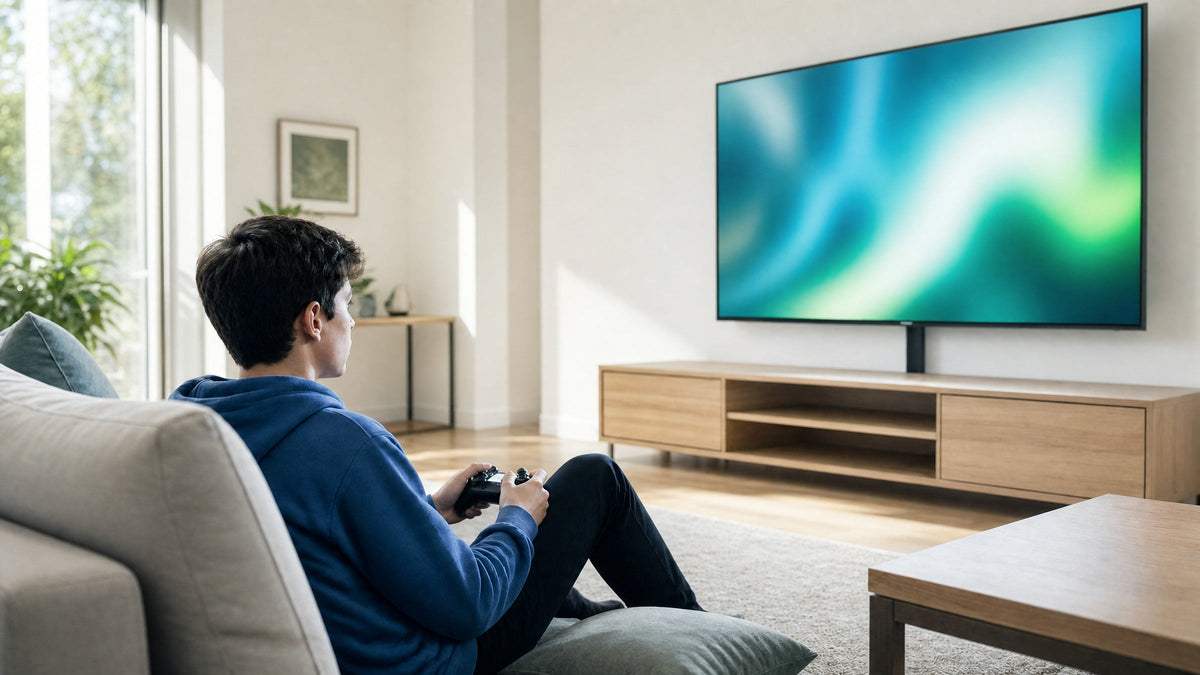 Teen playing a video game in front of a large TV in a bright living room