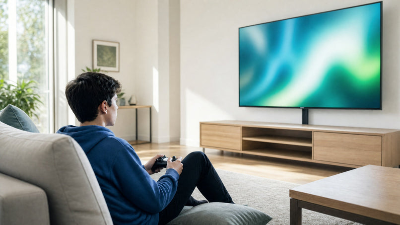 Teen playing a video game in front of a large TV in a bright living room