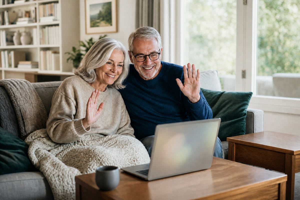 A smiling couple waving at a video call on their laptop