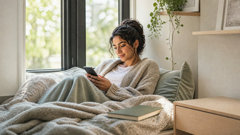 Woman relaxing with her phone under a blanket on a sunny window seat