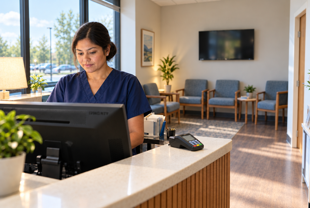 A receptionist in scrubs works at the front desk of a medical practice, with the waiting room and a wall-mounted TV behind her