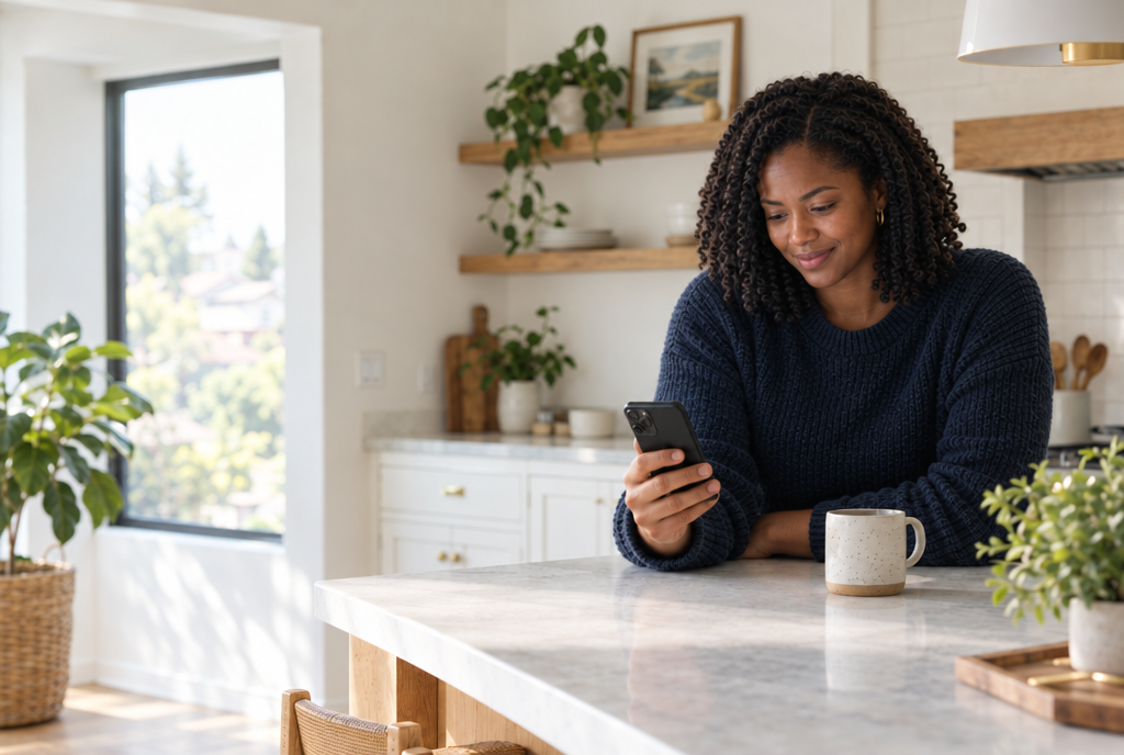 A woman at her kitchen counter reads about routers on her phone, a coffee mug beside her