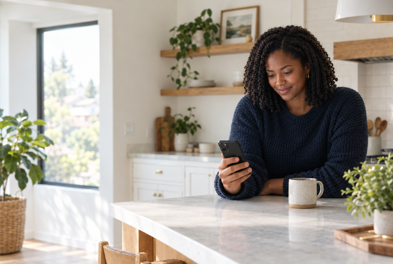 A woman at her kitchen counter reads about routers on her phone, a coffee mug beside her