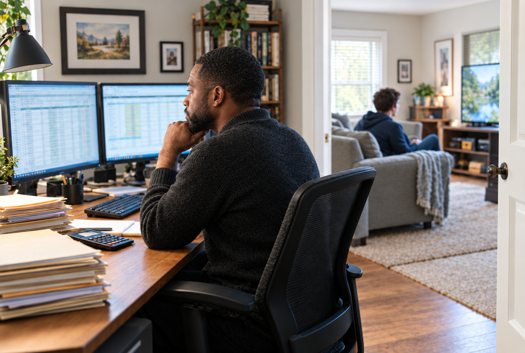An accountant at his home office desk while his teenager plays video games in the next room.