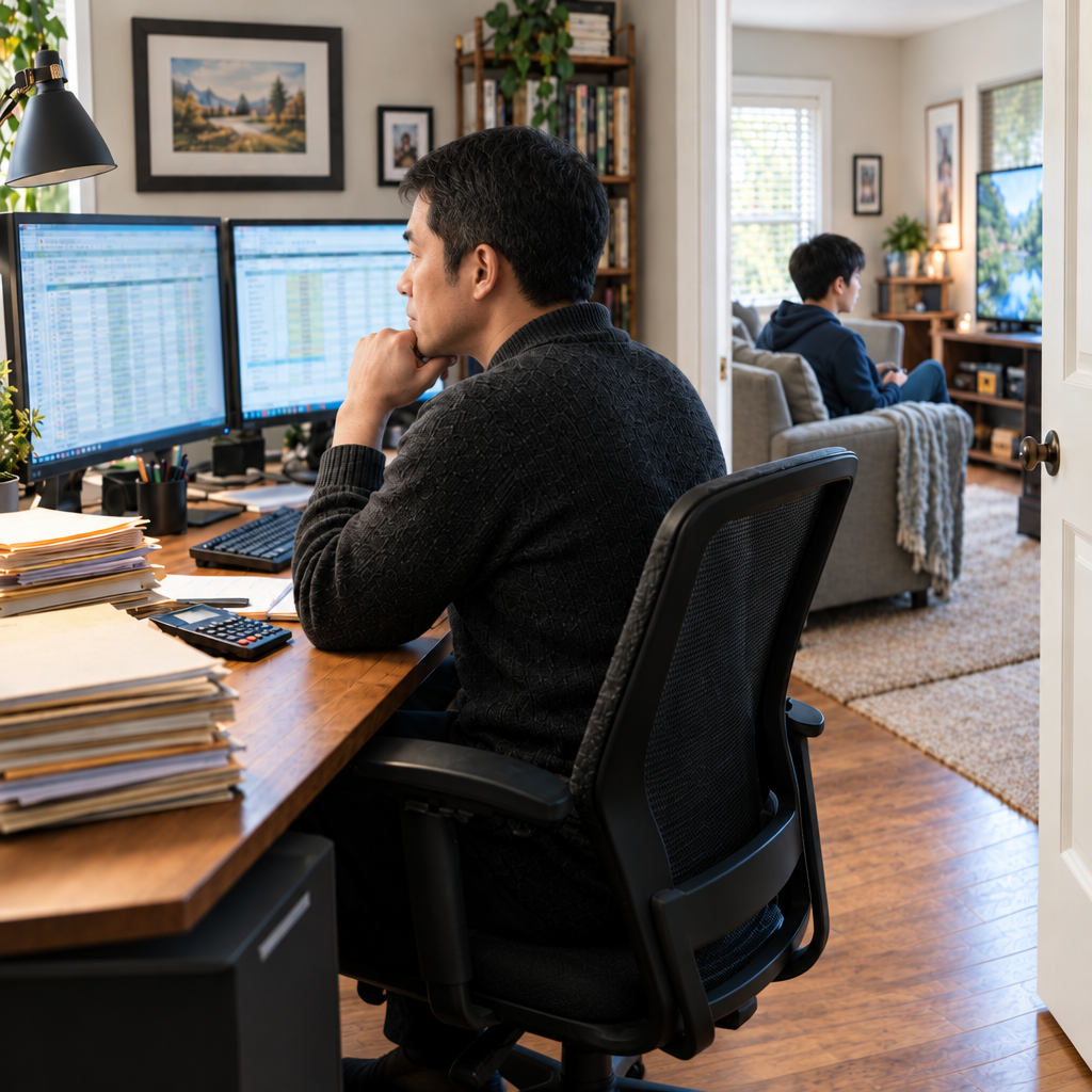 An accountant at his home office desk while his teenager plays video games in the next room.