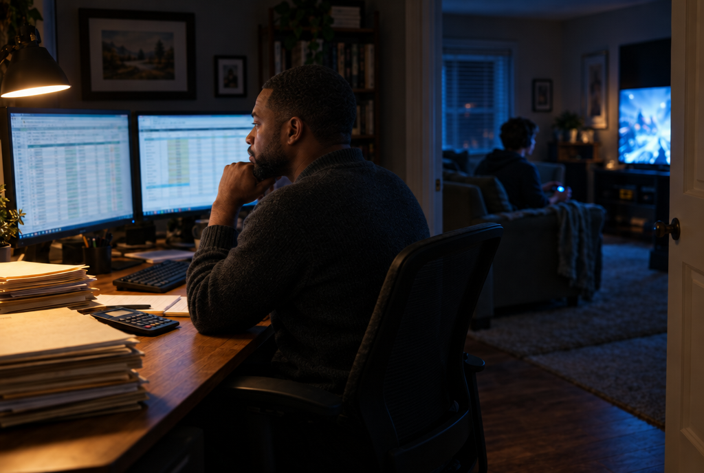 An accountant at his home office desk while his teenager plays video games in the next room.