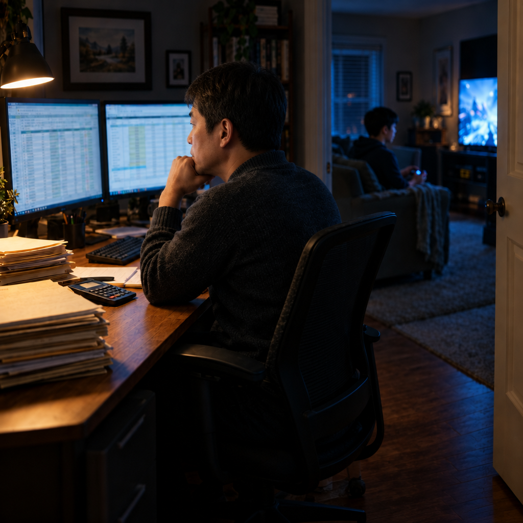 An accountant at his home office desk while his teenager plays video games in the next room.
