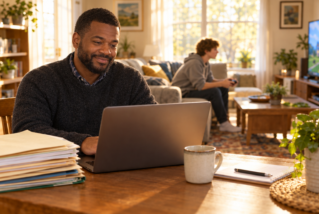 An accountant smiles at his laptop in morning sun while his teenager games on the sofa behind him.