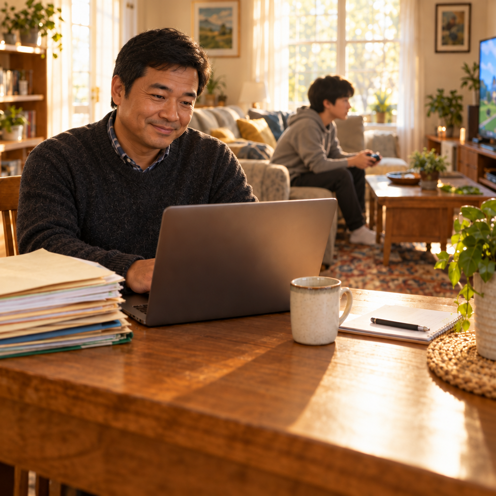 A relaxed tax preparer at the dining table while his son plays games behind him.