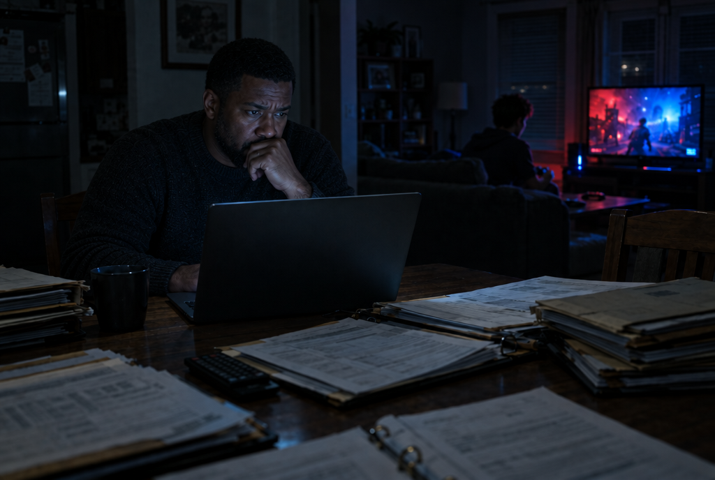 A worried accountant at a dark kitchen table covered in client tax files while his teen games on the same Wi-Fi.