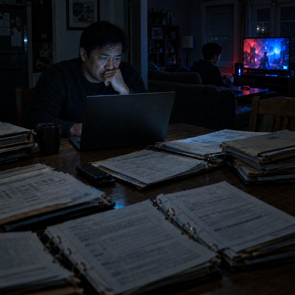 A worried tax preparer at a laptop late at night, his son gaming in the background.