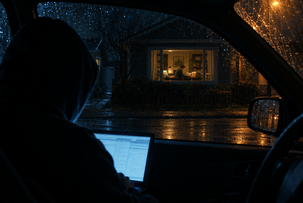 A stranger with a laptop in a parked car outside a lit home office at night.