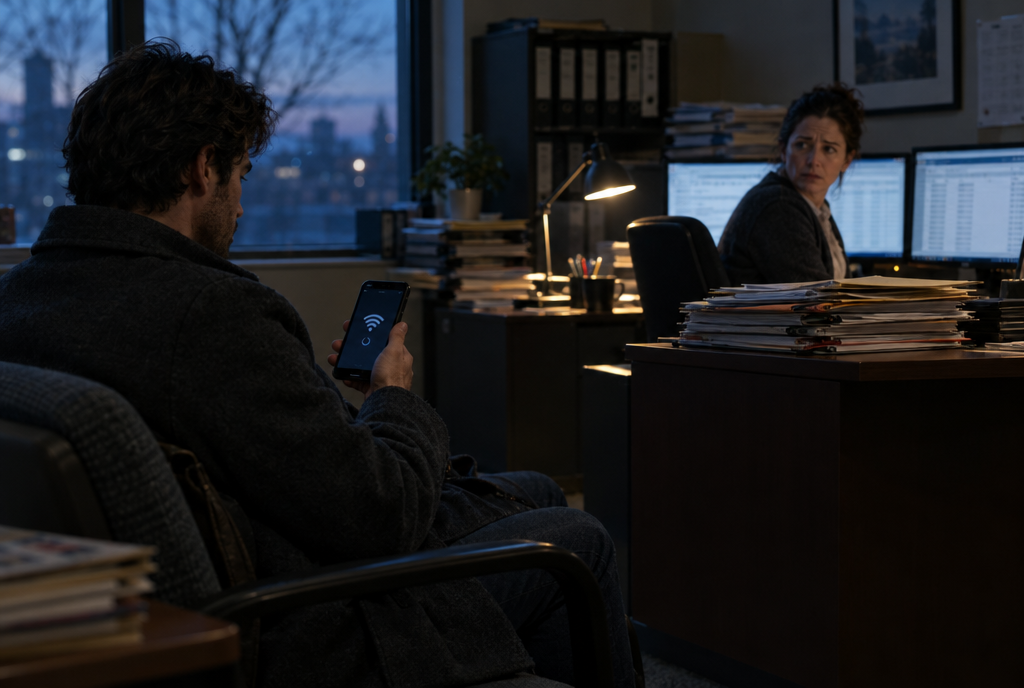 A client joins the office Wi-Fi on his phone while the accountant looks on.