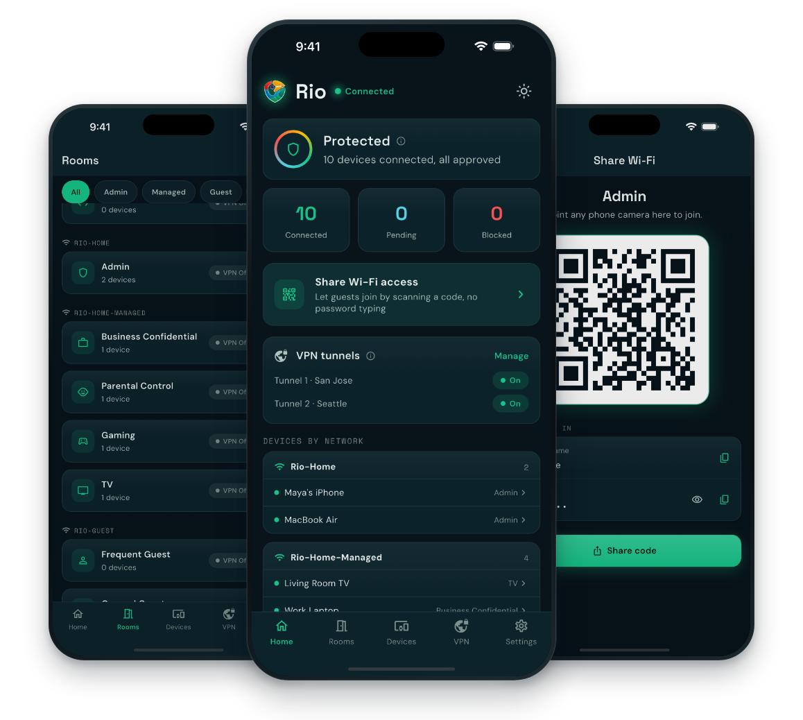 Rio app Rooms, Home and Share Wi-Fi screens