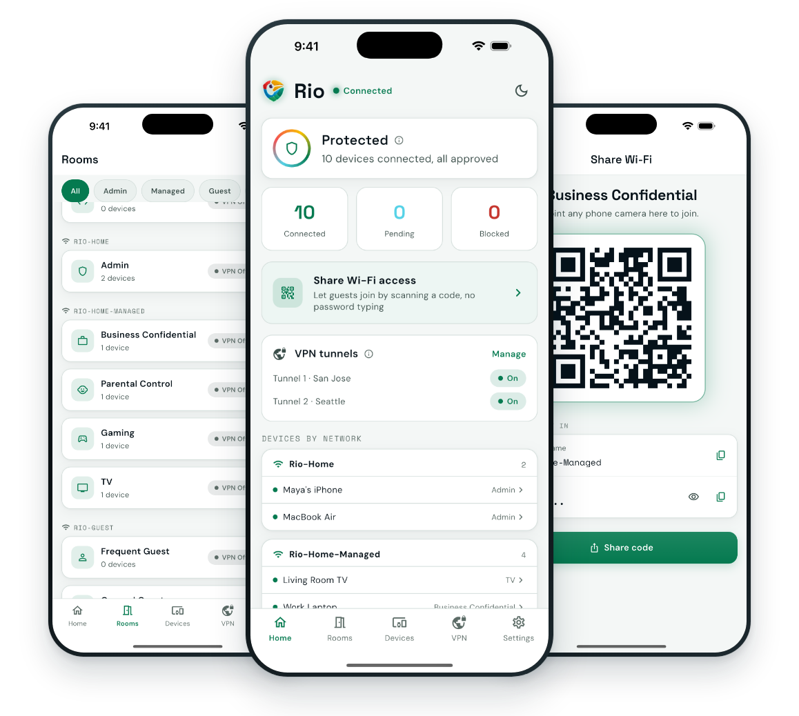 Rio app Rooms, Home and Share Wi-Fi screens