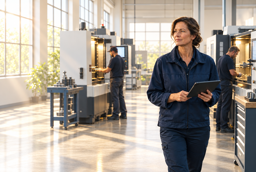A machine shop owner walking her shop floor with a tablet.
