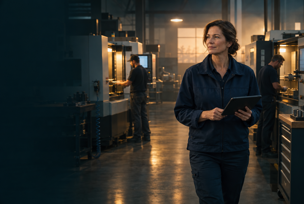 A machine shop owner walking her shop floor with a tablet.