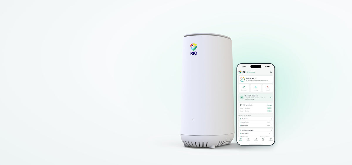 Rio router beside a phone showing the Rio app Home screen