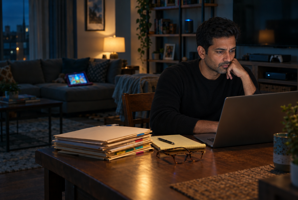 A solo lawyer working at his dining table with client files, family devices behind him.