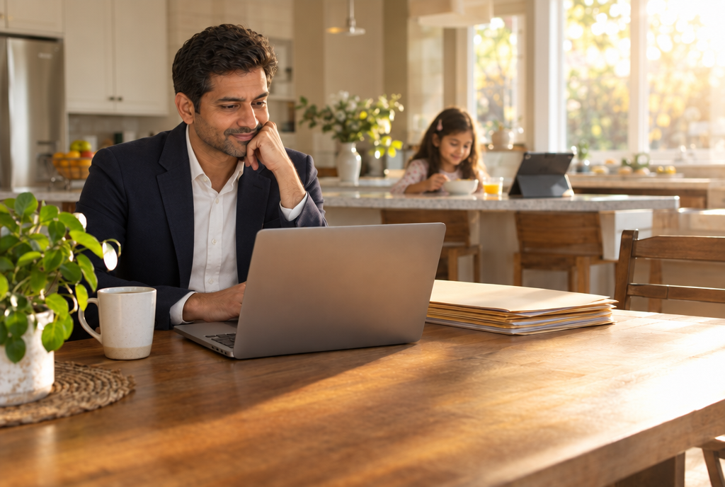 A lawyer smiles at his laptop in a sunny kitchen while his daughter eats breakfast behind him.