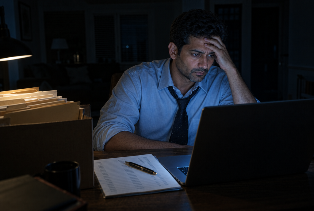 A stressed lawyer holds his head at his laptop at 1am beside a box of client files.