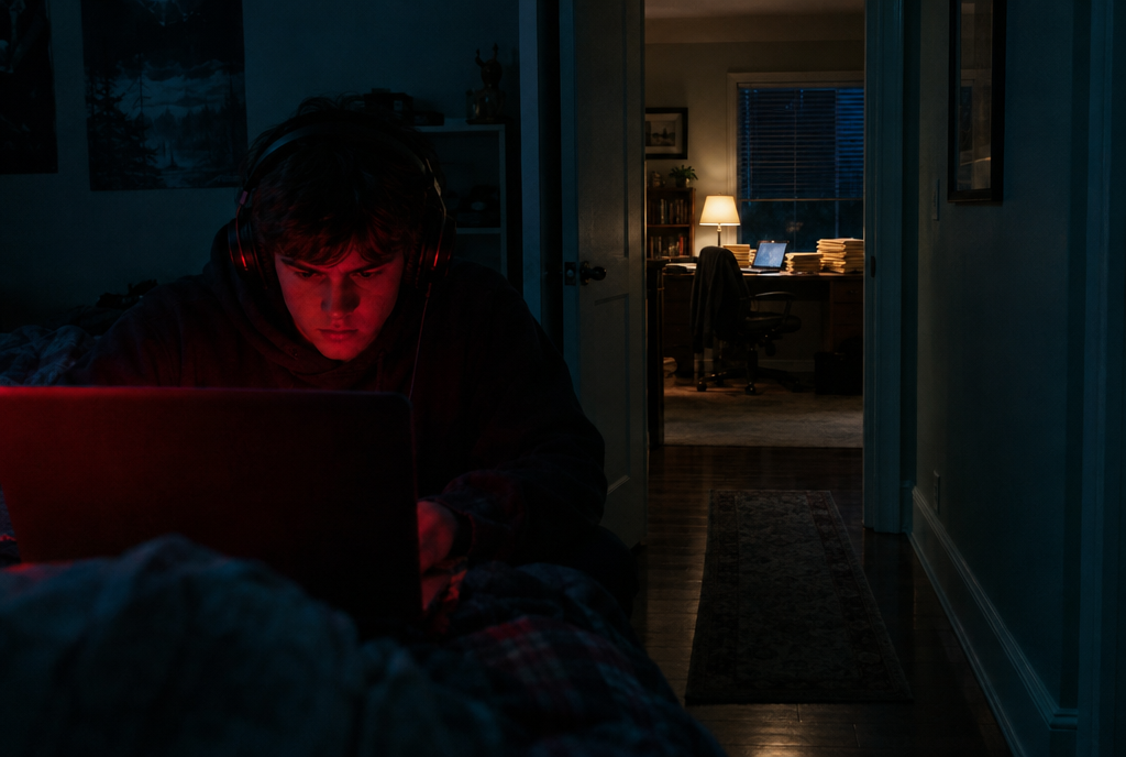 A teenager gaming in a dark bedroom across the hall from a home law office.