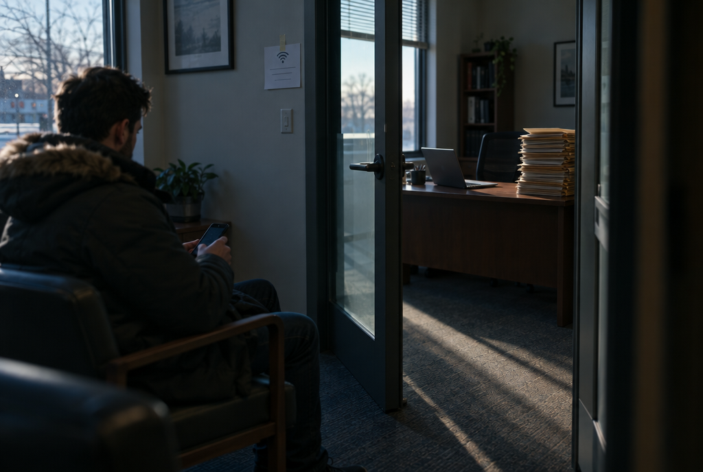 A visitor on his phone in a small law office lobby, steps from an open office with client files.