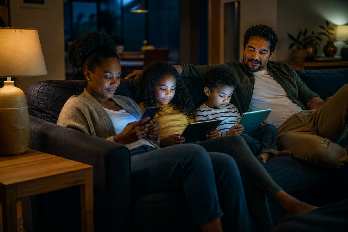 Family relaxing on a sofa in the evening with phones and tablets
