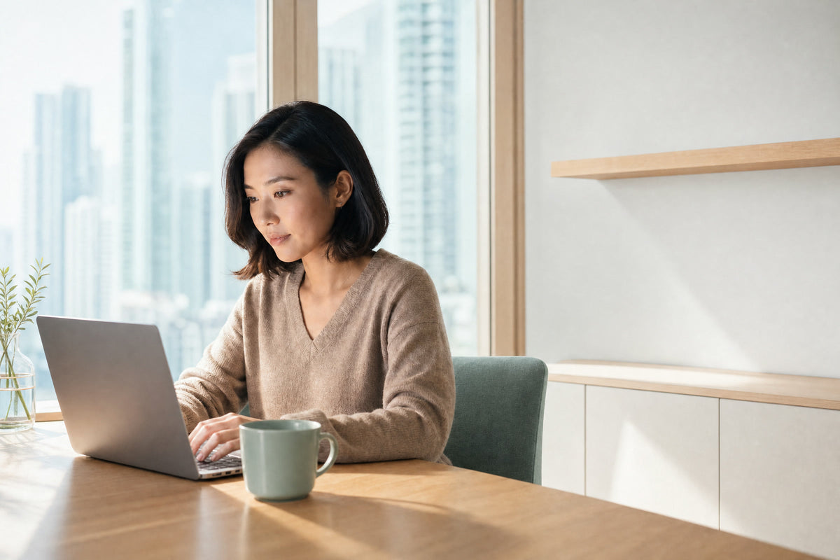 A woman working on her laptop at a desk at home.