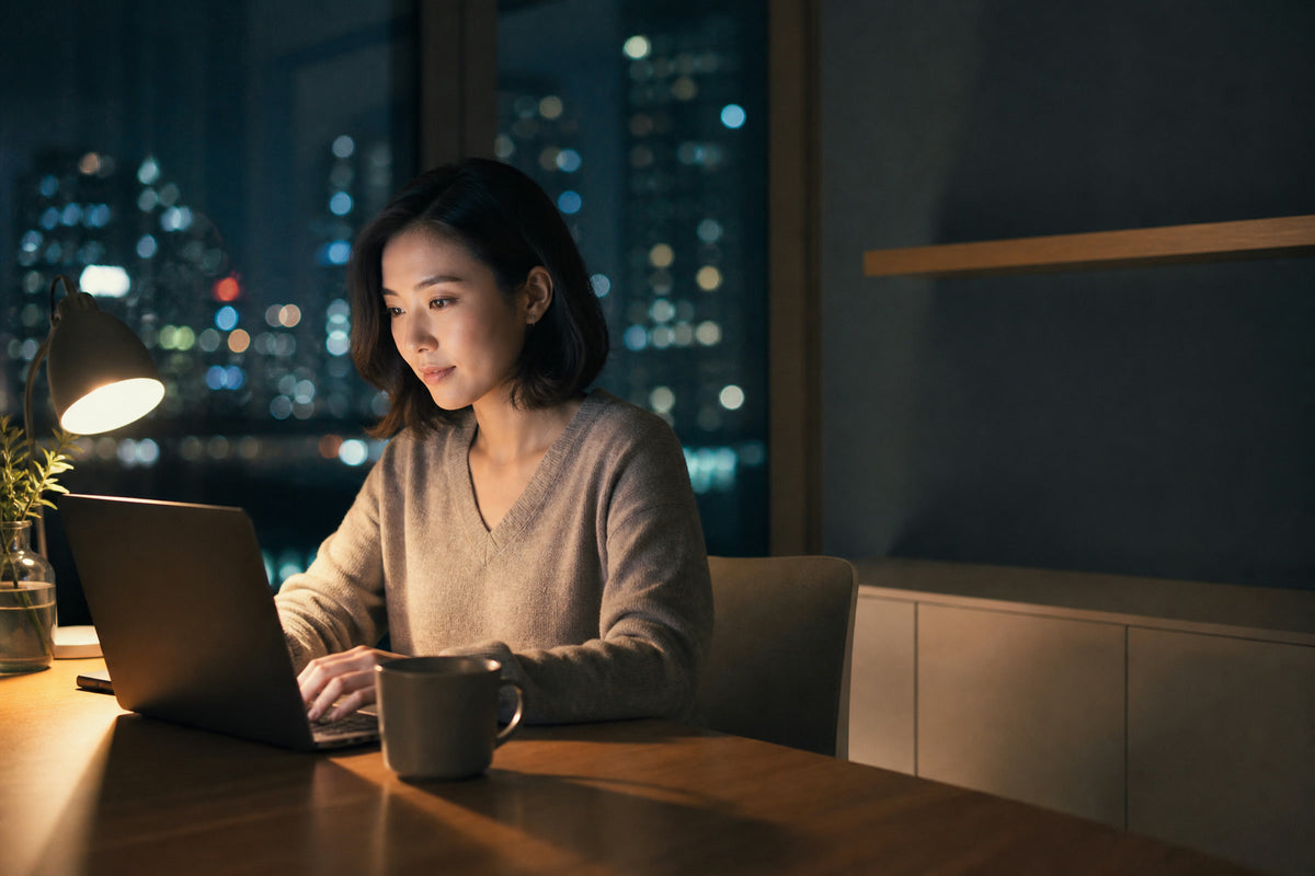 A woman working on her laptop at a desk at home.