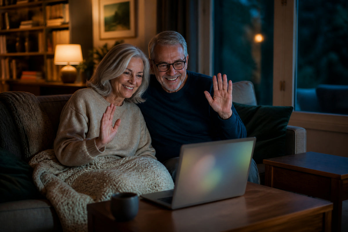 Couple waving on a video call from their living room