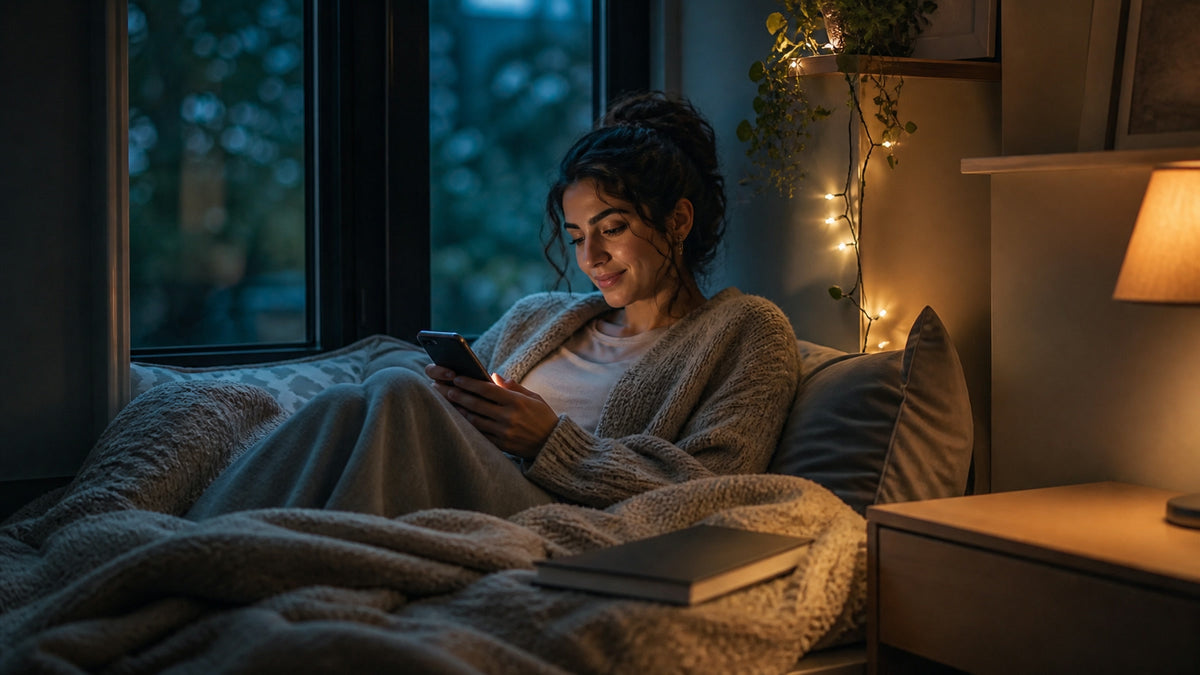 Relaxing with a phone in a cosy reading nook