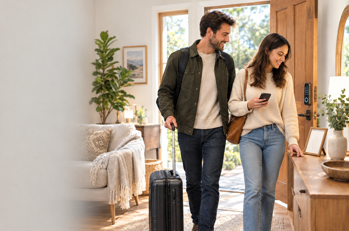 Guests arriving at a vacation rental, a smart lock on the open door.