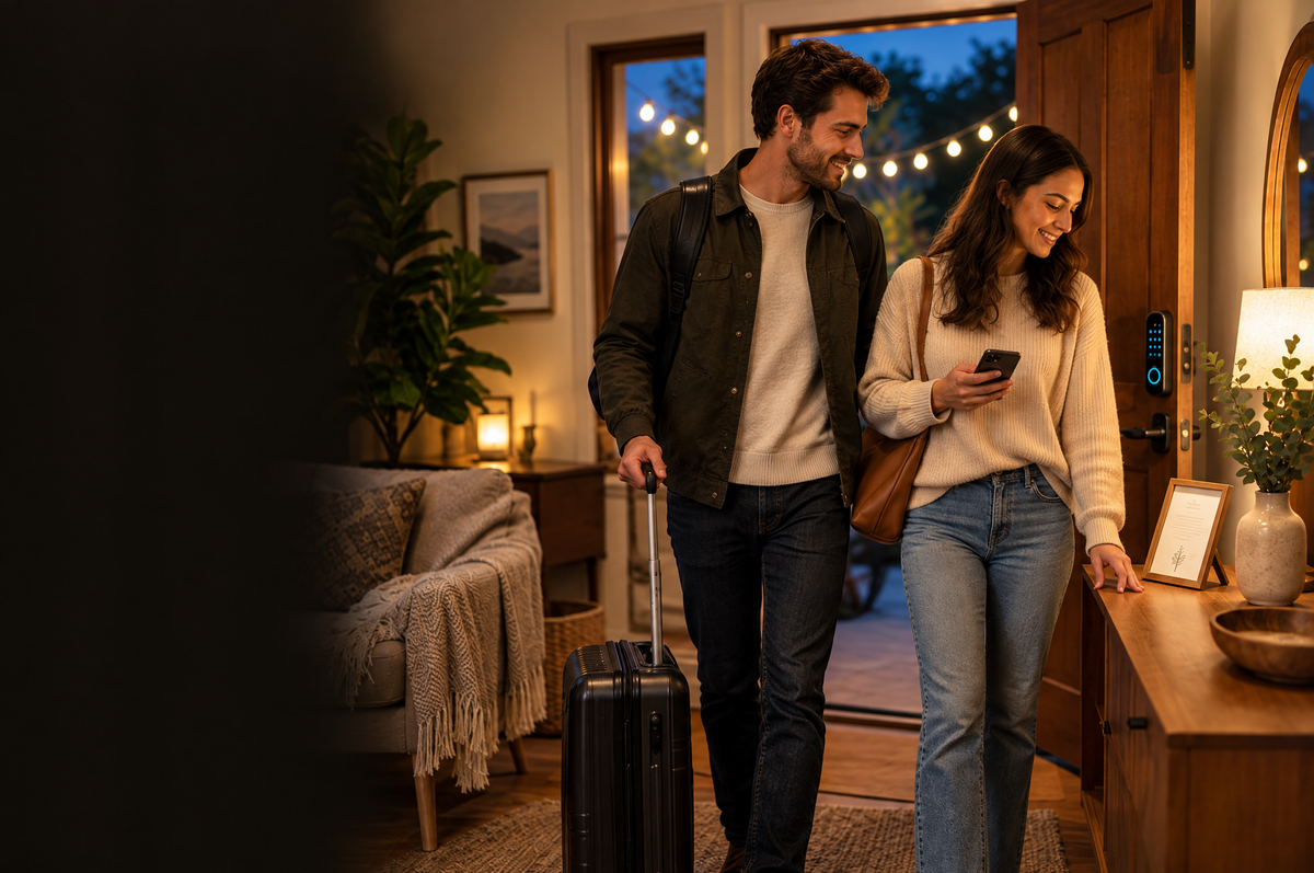 Guests arriving at a vacation rental, a smart lock on the open door.