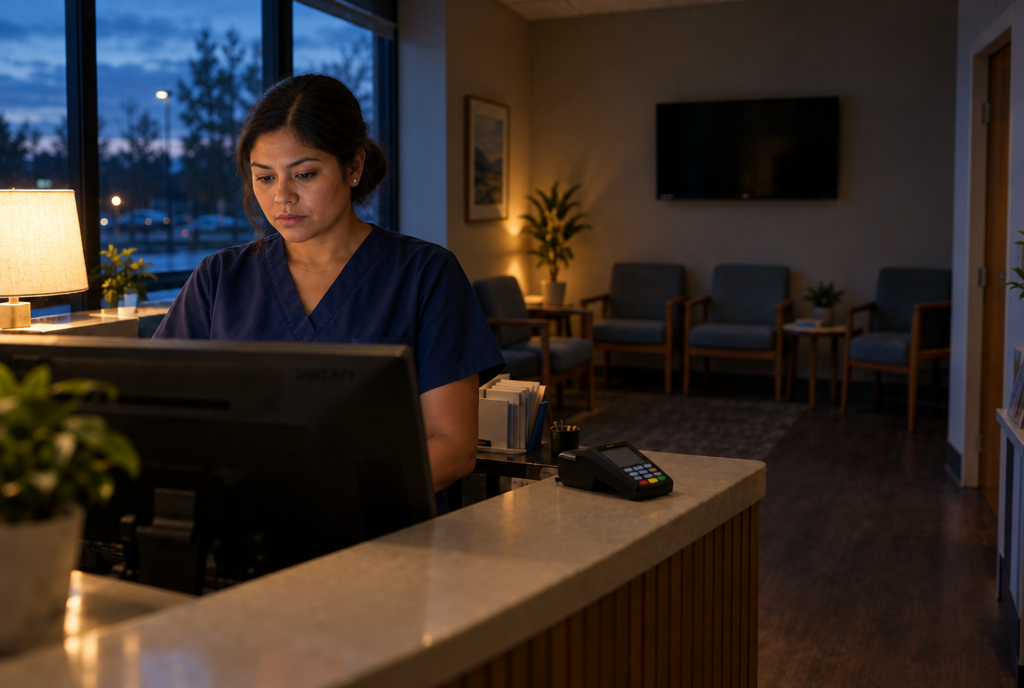 A practice receptionist at her front desk, the waiting room behind her.