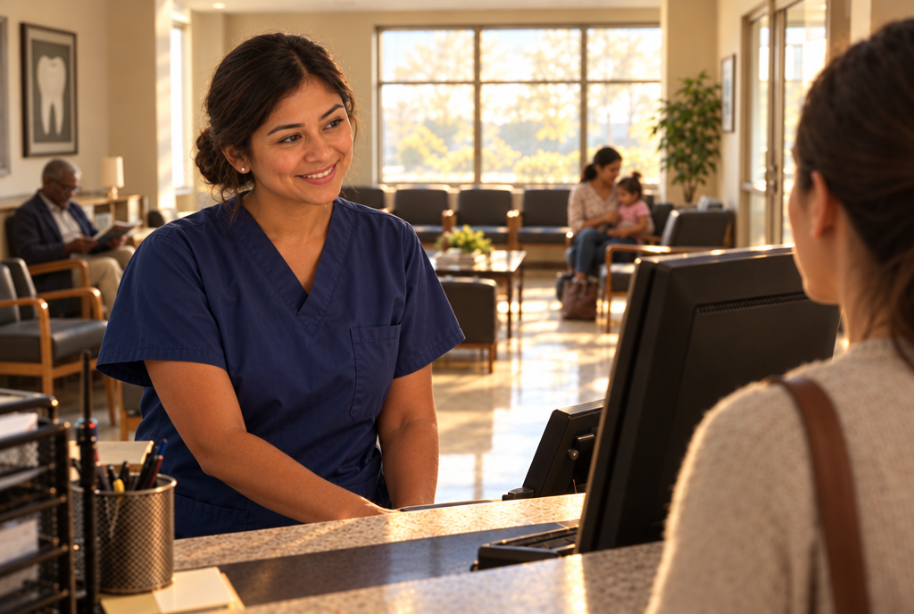 A smiling receptionist greets a patient at the front desk of a sunny clinic waiting room.