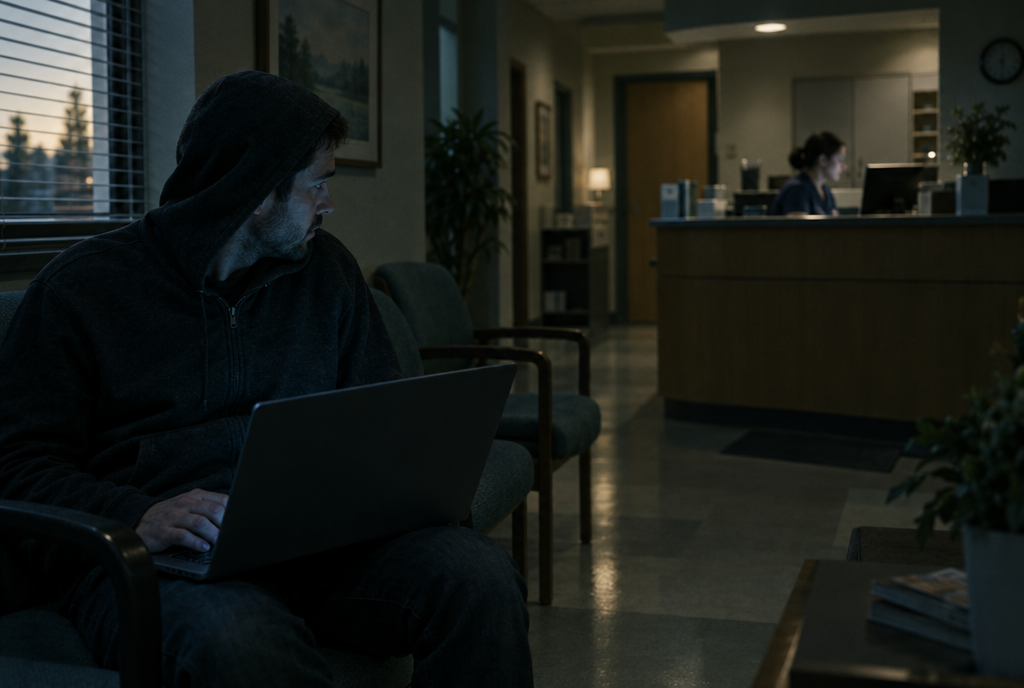 A stranger with a laptop in a clinic waiting room.