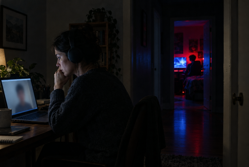 A therapist on a late telehealth session at home.