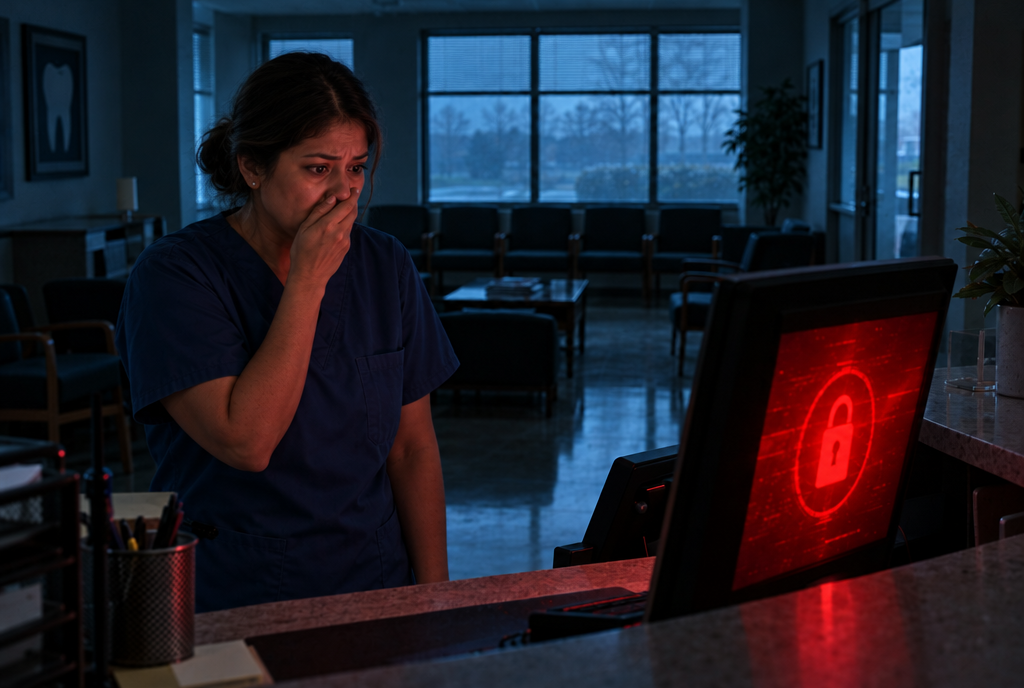 A shocked receptionist covers her mouth as the front desk computer shows a red ransomware lock screen.