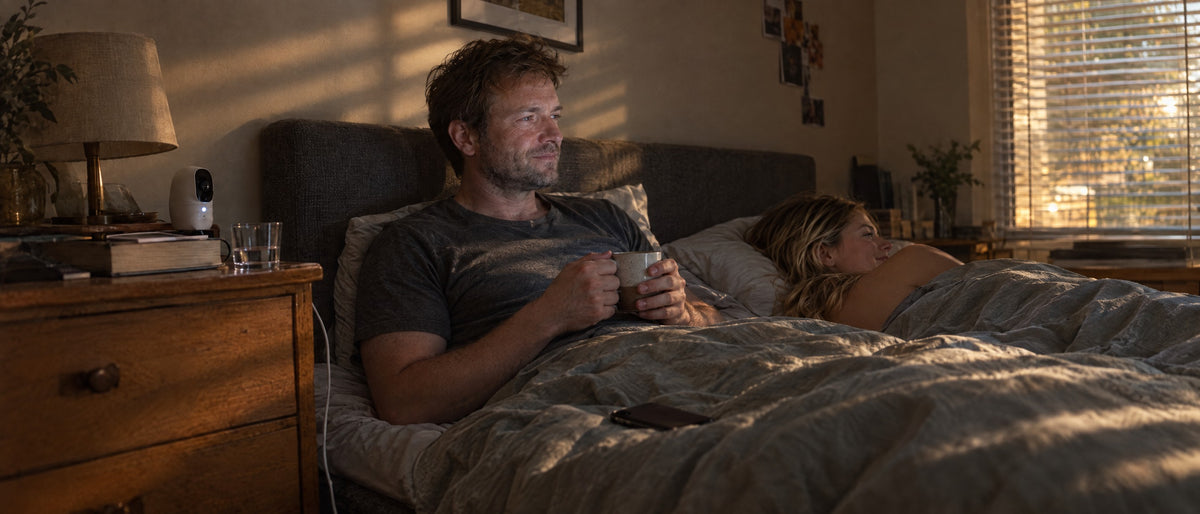 The same couple relaxed in bed in morning light, coffee in hand