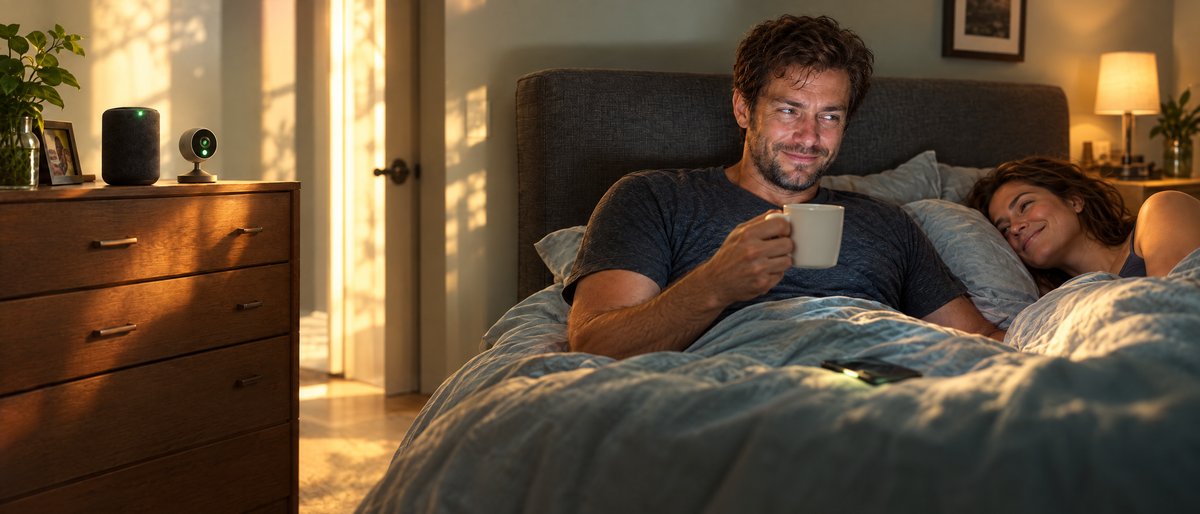The same couple on a sunny morning, relaxed with coffee; the smart speaker and camera glow green